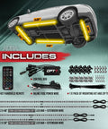 Aura Aluminum Car Underglow Lights With Remote Control, showcasing kit contents including light bars, remote, and accessories