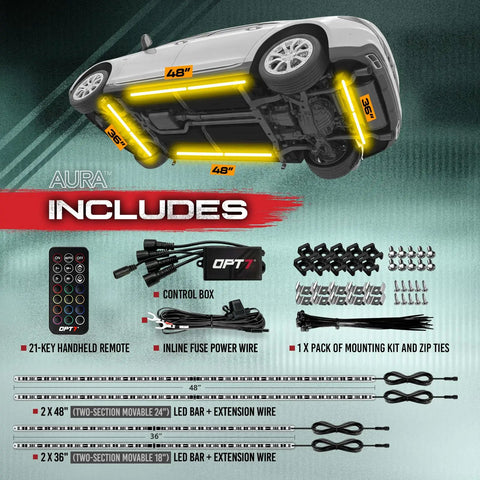 Aura Aluminum Car Underglow Lights With Remote Control, showcasing kit contents including light bars, remote, and accessories