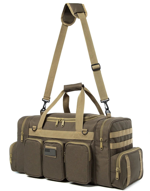 Heavy Duty Tactical Range Duffel With MOLLE Gear, Lockable Zippers, Water Resistant Polyester, Large Opening, Military Style Travel Gym Bag for Sports and Duty, Khaki 27 Inch With US Flag Patch.