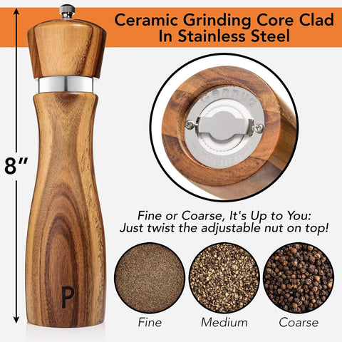 Wooden Salt And Pepper Grinder Set Refillable Mills With Adjustable Coarseness Crafted From Solid Acacia Wood With Ceramic Core