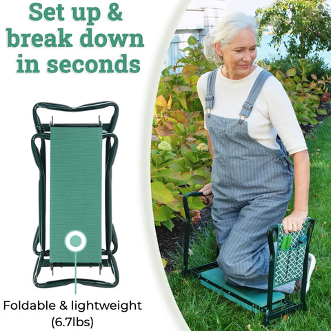 All In One Garden Kneeler And Seat With Knee Cushion And Flip Design For Comfortable Gardening in use by woman