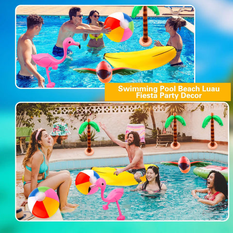 Tropical Inflatable Party Decor Set Twelve Pack Palm Tree Flamingo Beach Ball Parrot Banana For Beach Pool Backyard Parties And Summer Fun Great For Summer Parties Luau Poolside Backyard Decor
