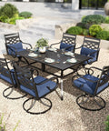 Outdoor Swivel Chairs Set Of 2 With Blue Cushions - Wrought Iron Patio Dining Chairs, table with place settings
