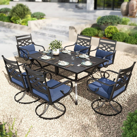 Outdoor Swivel Chairs Set Of 2 With Blue Cushions - Wrought Iron Patio Dining Chairs, table with place settings
