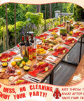 Outdoor table set with Crawfish Paper Plates 50 Pack, 10x12 Disposable Lobster Boil Trays, perfect for seafood party.