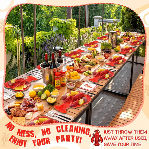 Outdoor table set with Crawfish Paper Plates 50 Pack, 10x12 Disposable Lobster Boil Trays, perfect for seafood party.