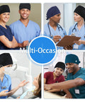 Healthcare professionals wearing adjustable satin lined working cap with button, cotton sweatband hat, elastic tie back.