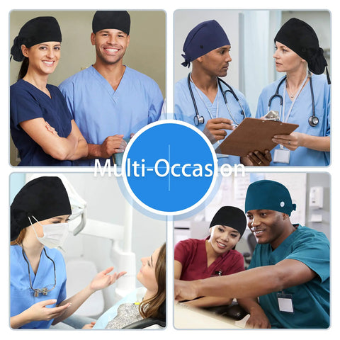 Healthcare professionals wearing adjustable satin lined working cap with button, cotton sweatband hat, elastic tie back.