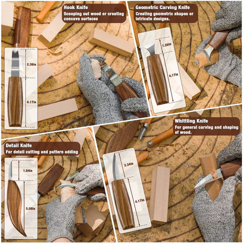 23 Piece Wood Carving Set For DIYers With 4 Large Knives 5 Detail Knives 9 Basswood Blocks Polishing Compound Leather Strop Gloves And Instruction Manual Portable Case For Beginners And Pros, featuring knives and wood blocks.