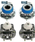 Front And Rear Wheel Bearing And Hub Assembly Kit For Terraza And Uplander FWD Premium All In One Replacement With Beefy OEM Grade Bearings And Sealed Hubs For A Smooth Ride, four hub assemblies displayed