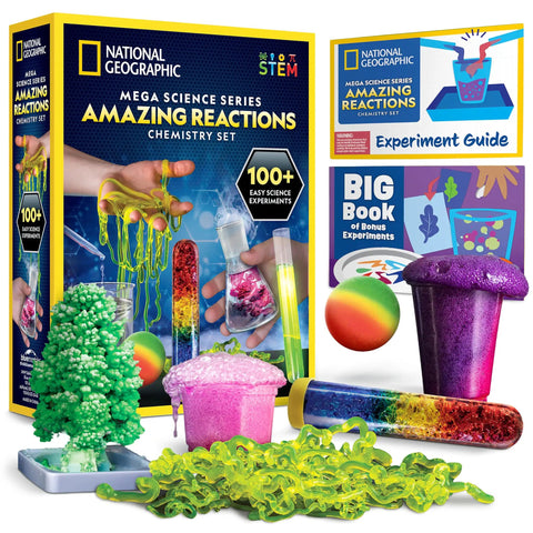 Amazing Chemistry Set With 100 Plus Science Experiments For Kids Including Crystal Growing Reactions Glowing Tubes And A Colorful Bouncy Ball A Hands On STEM Gift For Boys And Girls Amazon Exclusive, showcasing experiment materials such as colorful tubes, crystal tree, and guide book.