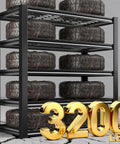 Heavy Duty 5 Tier Metal Garage Shelving Unit With 3200 Lbs Capacity, loaded with tires, black metal, for garage storage.