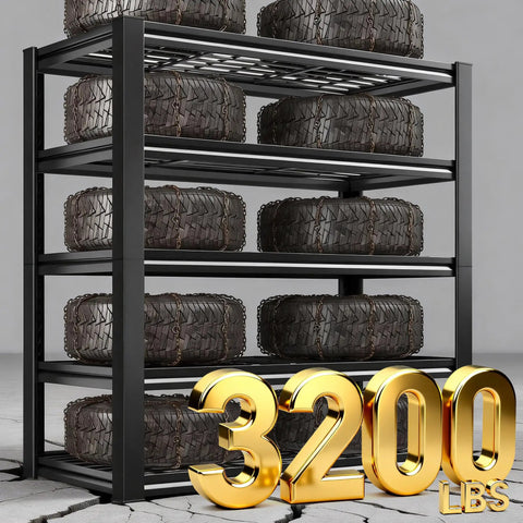 Heavy Duty 5 Tier Metal Garage Shelving Unit With 3200 Lbs Capacity, loaded with tires, black metal, for garage storage.