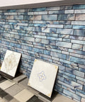 Display of Blue Marble Peel And Stick Backsplash Tiles 12x12 Self Adhesive Removable For Kitchen And Bathroom, 10 Sheets Covering About 8.5 Sq Ft