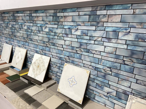 Display of Blue Marble Peel And Stick Backsplash Tiles 12x12 Self Adhesive Removable For Kitchen And Bathroom, 10 Sheets Covering About 8.5 Sq Ft