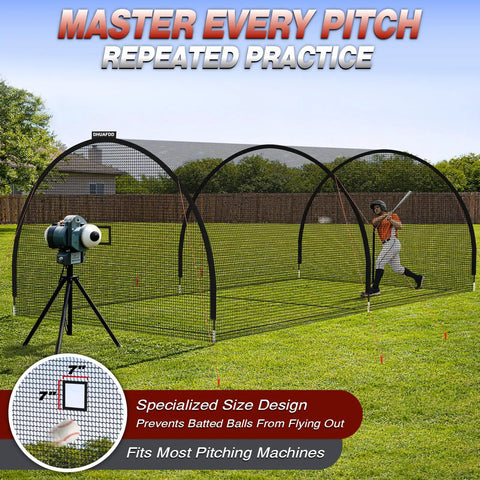 Backyard Batting Cage 22x10x10 Ft Portable Baseball And Softball Cage with player practicing inside.