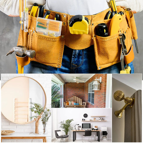 Tool belt with Drywall Anchors And Screws Kit With 100 Pieces for heavy duty mounts, showing plastic anchors and metal screws.