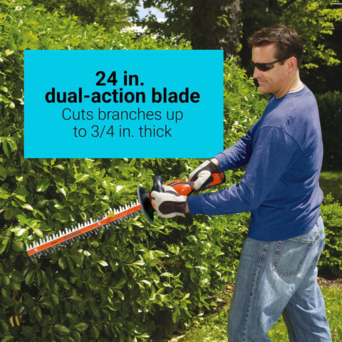 Man using 40V Max Cordless Hedge Trimmer with PowerDrive Transmission, 24-inch dual-action blade, trimming bushes outdoors.