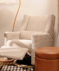 Glider Recliner With USB Charging And Electronic Control For Nursery, 270 Degree Swivel, Almond Teddy Loop Fabric, Light Wood Base