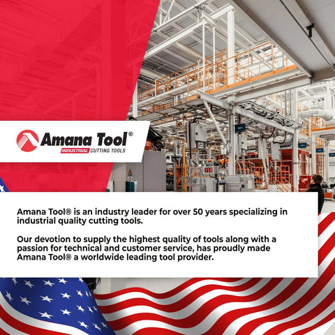 Manufacturing facility with Amana Tool logo and American flag background, emphasizing industrial cutting tools expertise.