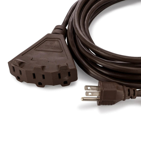 25-Foot Brown Heavy Duty Indoor Outdoor Extension Cord With 3-Prong Splitter coiled, featuring 3-outlet splitter on white background.