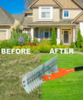 15 Inch Dethatcher Lawn Rake With Adjustable Handle For Thatch Removal And Scarification, Manual Thatching Tool shows lawn before and after use
