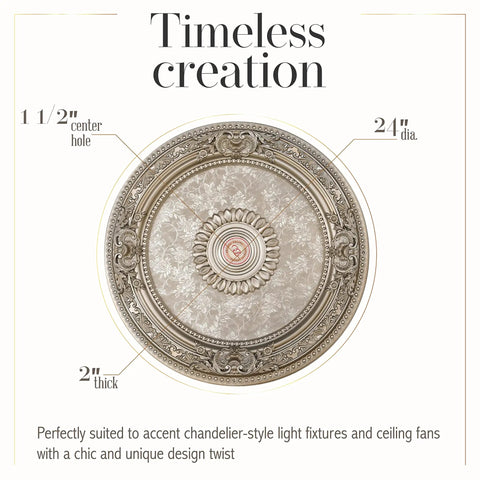 Petite Round Ceiling Medallion For Chandeliers And Fans 24 Inch Champagne Finish With Old World Floral Detailing center view