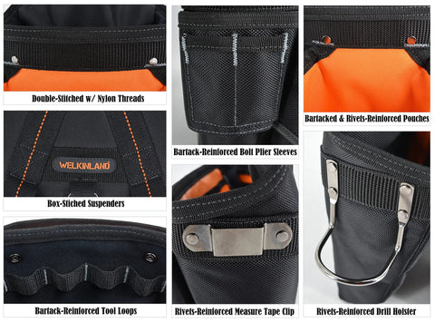 Bartack and rivets reinforced features of Carpenter Tool Belt With Suspenders 39 Pockets Padded 4 Inch Belt Kit, 10 In 1 Set