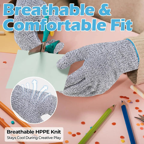 Kids Cut Resistant Gloves For Cooking And Crafting, 100 Percent Food Safe, Breathable, Lightweight, shown cutting paper