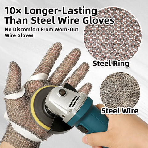A9 Pro Grade Cut Resistant Stainless Steel Chainmail Glove shown on hand with grinder, close-up of steel mesh and wire details