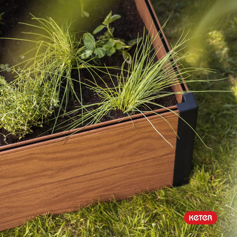 Close-up of Wood Look Raised Garden Bed 48 Inch By 48 Inch Outdoor Planter For Vegetables Herbs Flowers And Succulents
