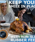 Person carving turkey on table with non-slip 25 Soft Rubber Feet With Stainless Screws For Cutting Boards And Electronics inset.