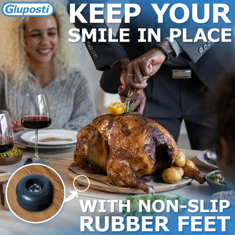 Person carving turkey on table with non-slip 25 Soft Rubber Feet With Stainless Screws For Cutting Boards And Electronics inset.