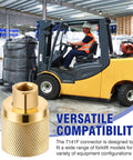 Close-up of Datanly 2-pack brass forklift connector, female; 1-1/4 in inlet to 1/4 in NPT outlet; includes 4 O-rings.