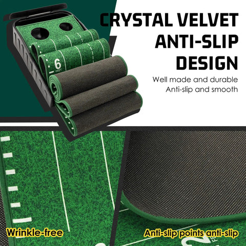 9ft Portable Golf Putting Green Mat with Auto Ball Return featuring 2-hole guide and crystal velvet anti-slip design