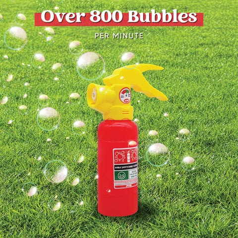 Automatic Bubble Blower Fire Extinguisher Style Bubble Machine With 230 Ml Bubble Solution for Kids on grass.