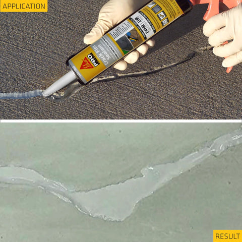 Application of Heavy Duty Gray Polyurethane Self Leveling Crack Sealant filling a crack in concrete for lasting protection.