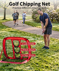 Golfer using a Backyard Golf Practice Net 10x7ft with hitting net for chipping practice in a sunny park setting