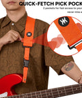 Person showing orange SnapLock Pro Guitar Strap with Quick Release Buckle and Screw Fasten Ends, Handy Quick Fetch Pick Holder.