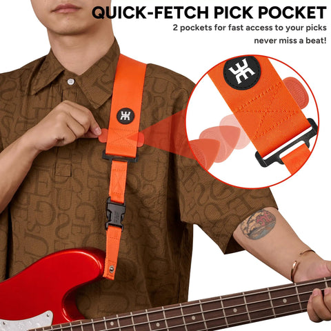 Person showing orange SnapLock Pro Guitar Strap with Quick Release Buckle and Screw Fasten Ends, Handy Quick Fetch Pick Holder.