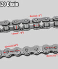 Close-up of 420 chain showing measurements for Beefed Up 60 Tooth Sprocket For 420 Chain With 90 Links Replacement For Coleman Mini Bike CT200U BT200X CT200U EX Baja Warrior Trailmaster MB165 MB200 Predator 212cc 196cc 200cc 6.5hp Powersports Parts