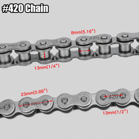 Close-up of 420 chain showing measurements for Beefed Up 60 Tooth Sprocket For 420 Chain With 90 Links Replacement For Coleman Mini Bike CT200U BT200X CT200U EX Baja Warrior Trailmaster MB165 MB200 Predator 212cc 196cc 200cc 6.5hp Powersports Parts