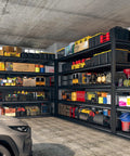 Heavy Duty 60 Inch Wide Garage Shelving Unit With 3000 Lbs Capacity, 5 Tier Metal Storage Racks For Garage Basement Pantry Workshop And More, Built To Last Steel Shelves For Maximum Space And Clean Up Clutter. Black steel garage shelving unit with tools and bins
