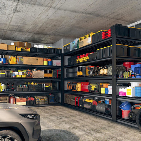 Heavy Duty 60 Inch Wide Garage Shelving Unit With 3000 Lbs Capacity, 5 Tier Metal Storage Racks For Garage Basement Pantry Workshop And More, Built To Last Steel Shelves For Maximum Space And Clean Up Clutter. Black steel garage shelving unit with tools and bins