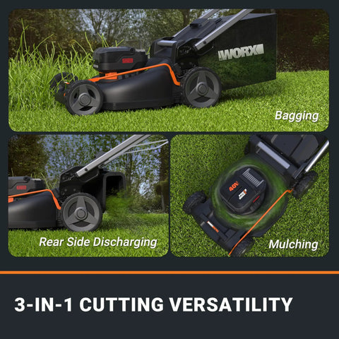 Nitro 21 Inch Cordless Lawn Mower With Self Propelled Drive showcasing bagging, discharging, and mulching features.