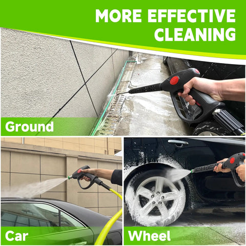 Pressure Washer Hose And Gun Kit, 25 Ft With 5 Nozzle Tips And M22-14mm Fittings in use on car, wheel, and ground surfaces