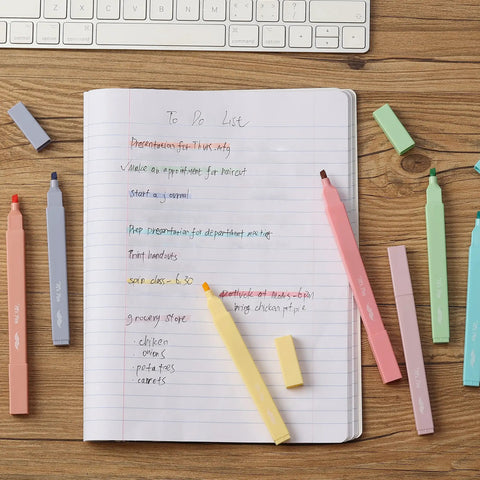 No Bleed Highlighter Set In 8 Pack Candy Colors With Chisel Tips For Journaling shown on notebook with colorful notes.
