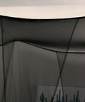 Close-up of Gothic black bed canopy with mosquito net for full, queen, king size beds, creates modern Halloween decor.