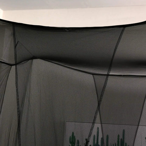 Close-up of Gothic black bed canopy with mosquito net for full, queen, king size beds, creates modern Halloween decor.