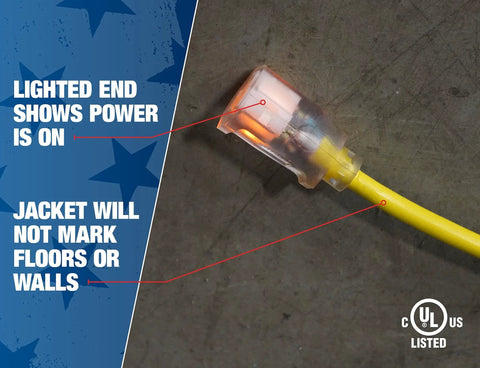 Lighted end of Heavy Duty Outdoor Extension Cord 12 Gauge 100 Feet With Lighted End, Weatherproof SJTW, Durable Vinyl Jacket